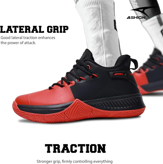 ASHION Kids Basketball Shoes Boys Girls Sneakers Mid-Top Lace Up Cushion Anti Slip Athletic Outdoor Sport Shoes for Unisex-Child