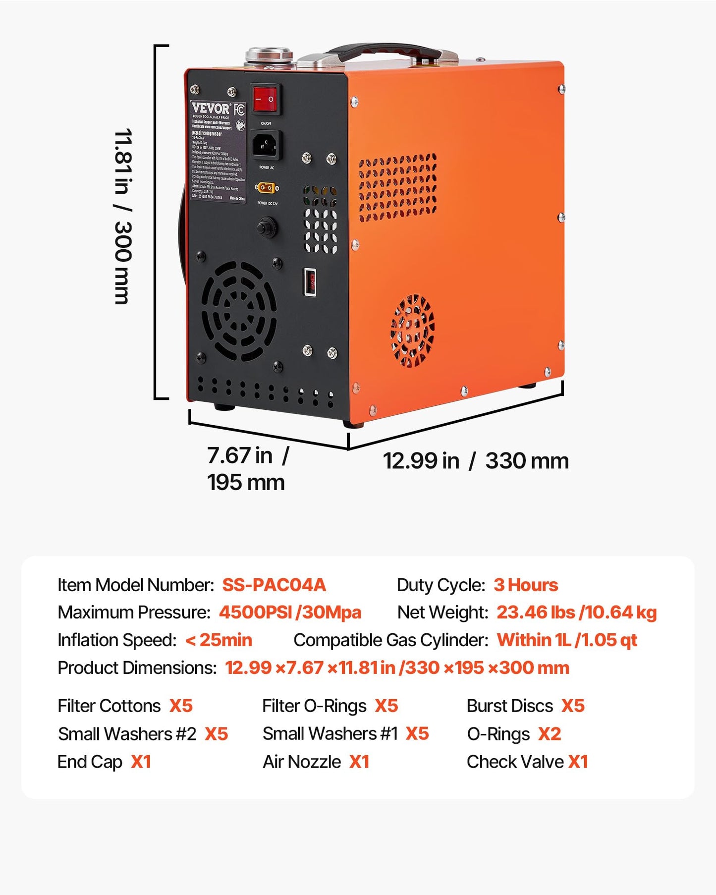VEVOR PCP Air Compressor, 4500PSI/30Mpa Portable PCP Airgun Compressor - Built-in Water and Fan Cooling System, Auto-Stop | DC12V/AC120V Paintball Tank Compressor for Air Rifle, Scuba Diving Bottle