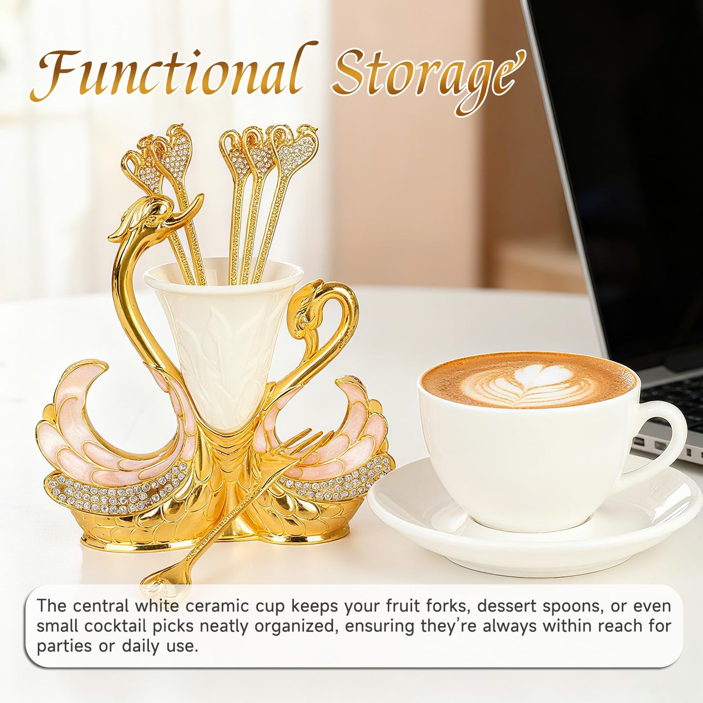 Gold Dessert Forks, Swan Base With 6 Pcs Mini Forks Set,4.5" Charcuterie Forks- Very Suitable for Dessert Shops or Family Use