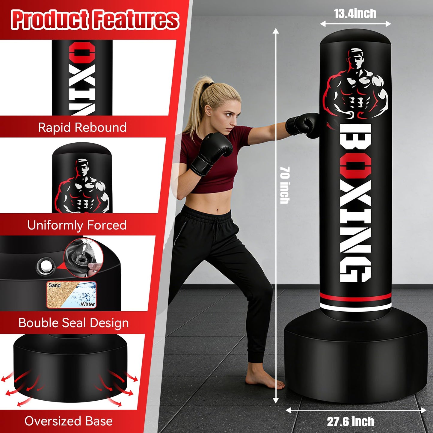 Heavy Punching Bag for Adults Teens, 70" Freestanding Punching Bag with Stand Kickboxing Bags, Women Men Heavy Boxing Bag for Beginners Training MMA Karate Muay Thai Fitness