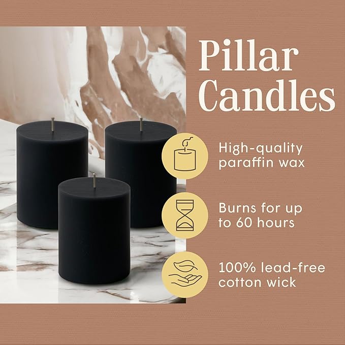 Mister Candle Dripless Unscented Pillar Candles, Set of 3 Hand Poured Solid Color Non-Scented Candles for Home Decor, Premium Wax, 60 Hr Burn Time - 3x4 Inch, Black