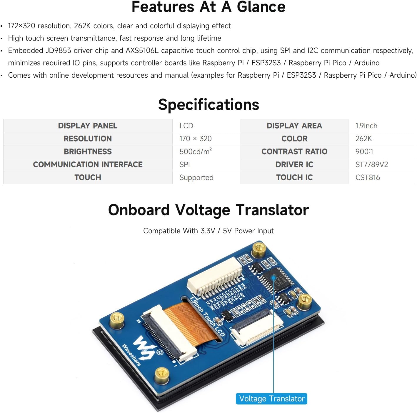 1.9inch 172320 I2C Communication, 262K Waveshare Touch LCD Display Module, Micro LCD Display, Resolution, IPS, SPI