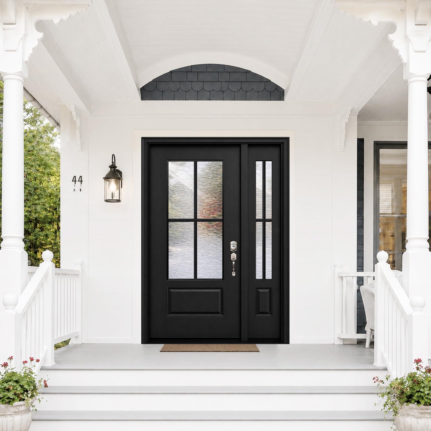 53x80in Fiberglass Front Door with 14in Sidelight, Black Exterior Entry Door for Home, Left-Hand Inswing, Textured Finished with Hammered Glass Knock-Down Door, Vinyl Frame and Brickmould Included