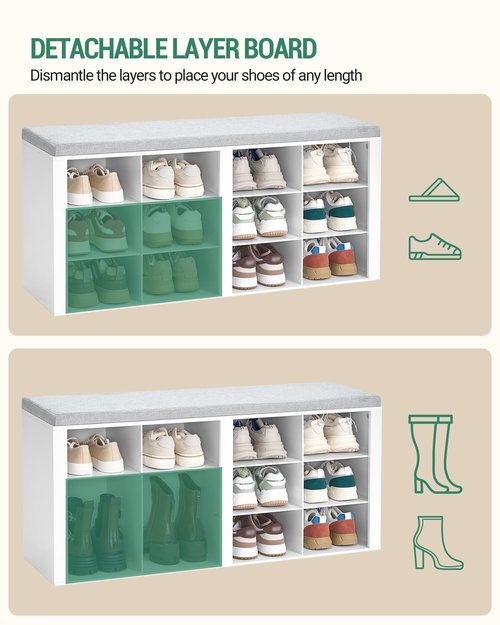 Hzuaneri Shoe Bench with Cushion, Entryway Storage Bench with 12 Cubbies, Cubby Shoe Rack with Adjustable Shelves, Shoe Organizer Cabinet for Living Room, Bedroom, Entryway, White SB19003GY