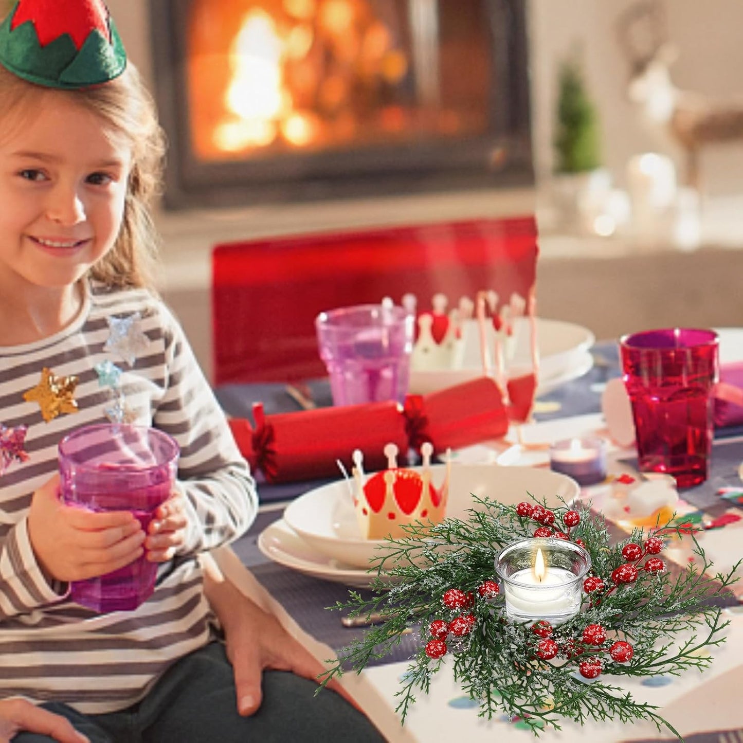 Skiennix Christmas Candle Rings - 6 Pcs Artificial Wreaths with Red Berries & Snowy Pine | Festive Table Centerpiece
