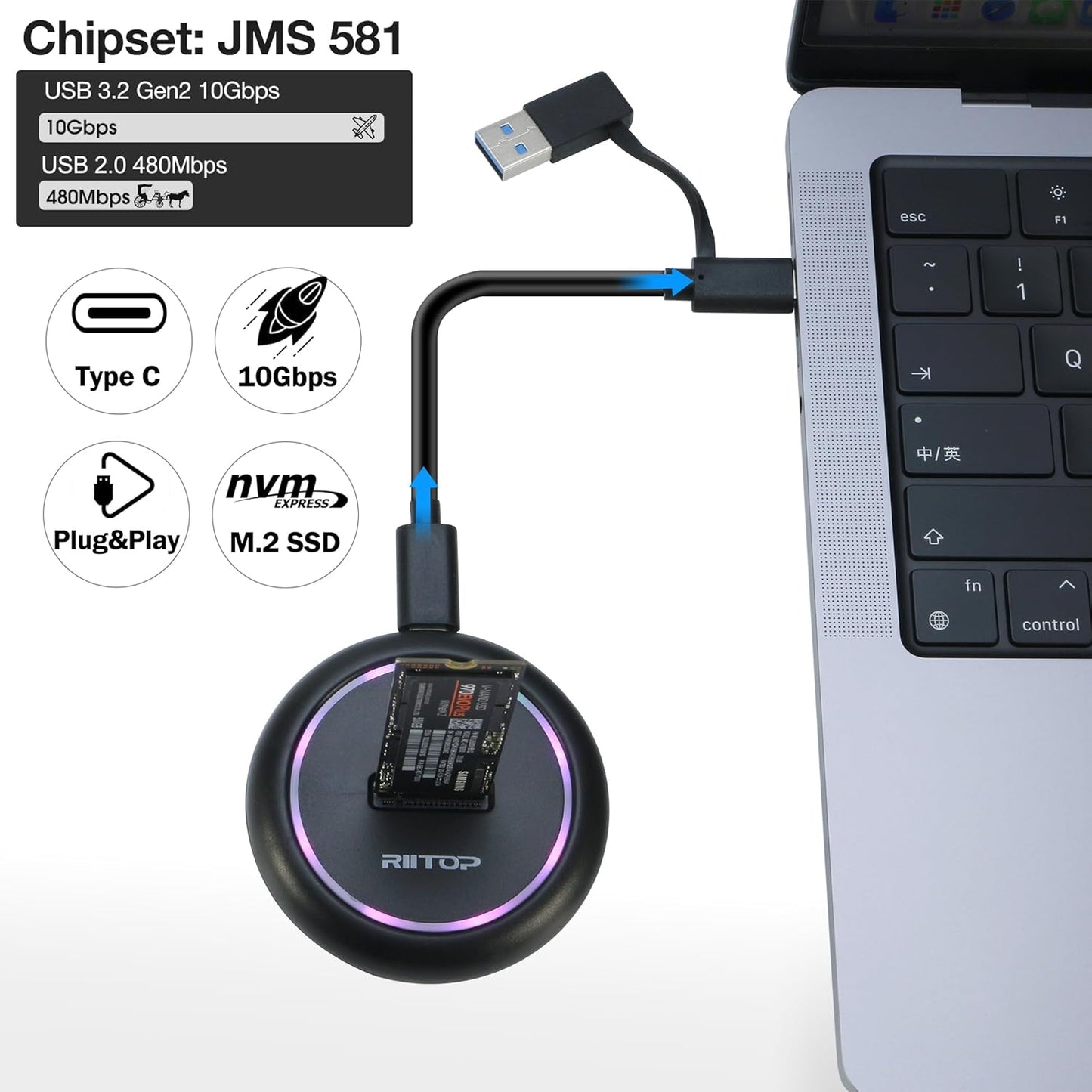 RIITOP M.2 NVMe to USB Docking Station, SSD Enclosure for Both NVMe and (B+M Key SATA) SSD