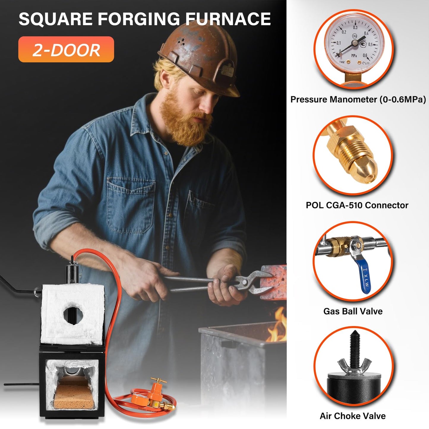 Bonbo Propane Gas Forge Double Burner 2700°F/1482°C, Portable 2-Door Square Forging Furnace for Blacksmithing, Knife Making, Tools & Equipment Forging, Large Capacity Deluxe Kit with Tong & Gloves