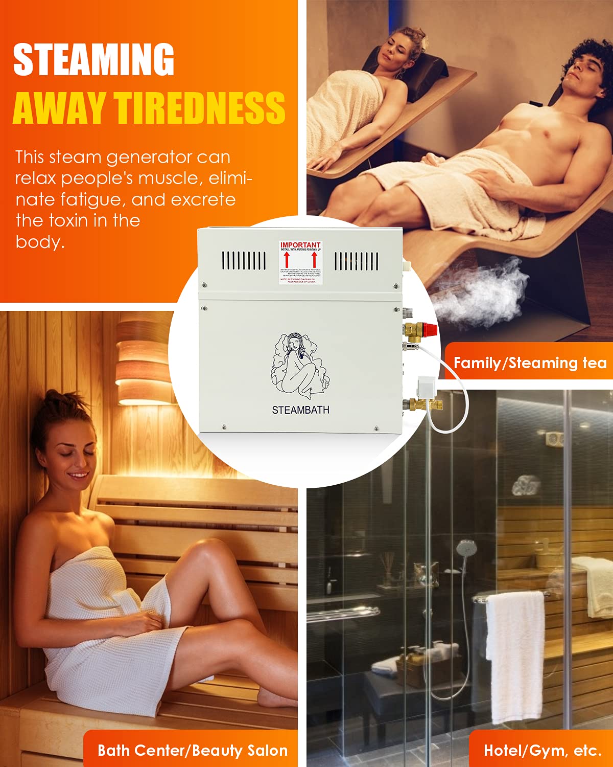 CGOLDENWALL 4.5KW Luxury Self-draining Steam Generator Shower Sauna Bath Home Steam Bath Spa Generator with waterproof Control and Auto Drain 95-131℉ for Suitable space heating 160 cubic feet (4.5KW)