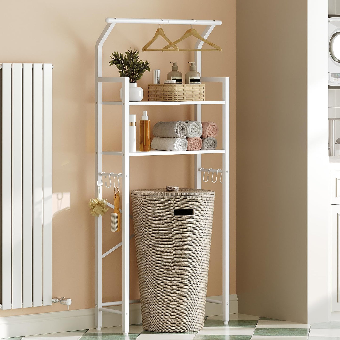 YATINEY 2-Tier Over The Toilet Storage, Multifunctional Vertical Over Toilet Bathroom Organizer, Freestanding Bathroom Storage Shelves with Hooks, Bathroom Organizer, Rustic Brown and Black TR01WT
