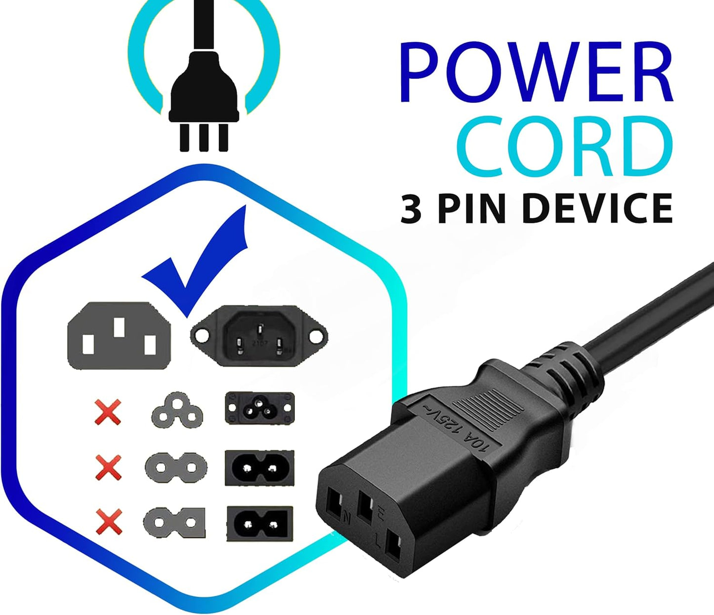 LORDTRONICS 5ft (1.5m) 10 125 3 Standard Amps Volts Black Prong AC Power Cord Cable for Electronics, TV, Computer