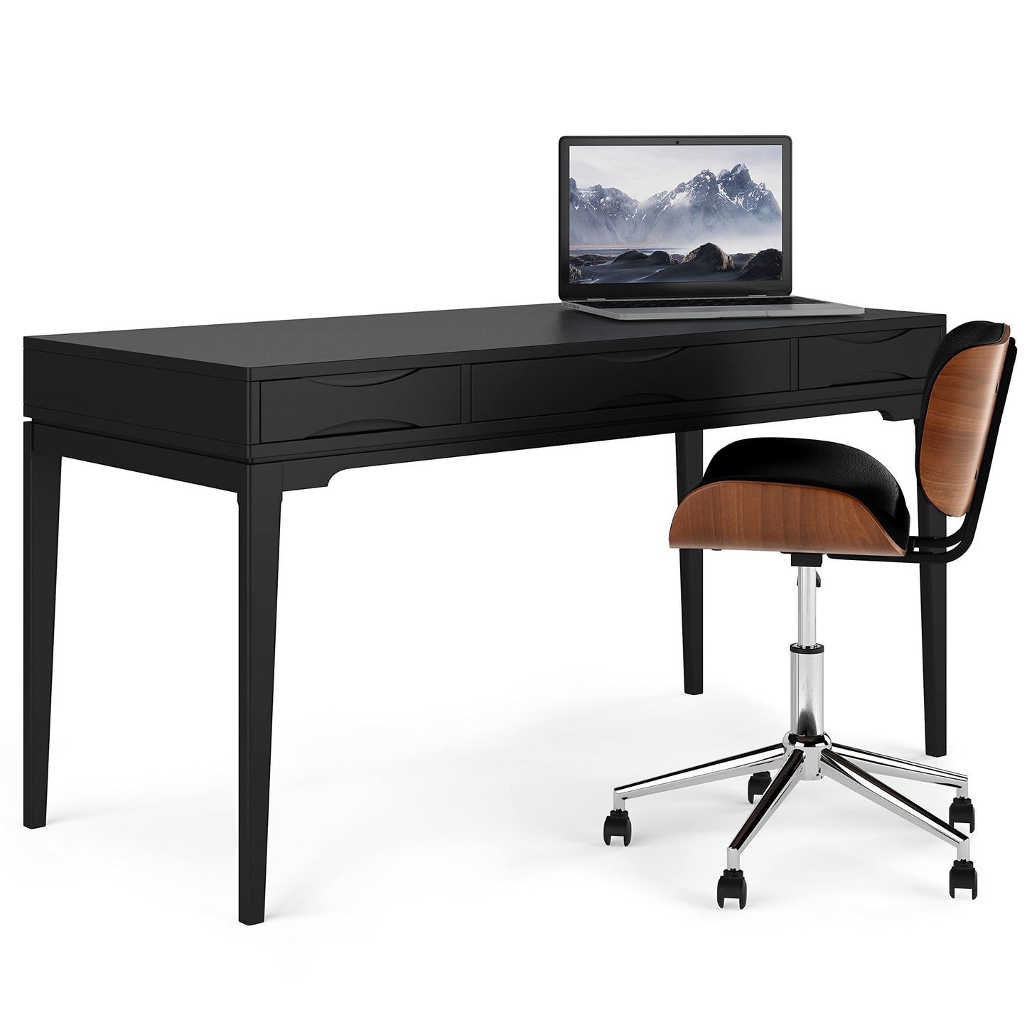SIMPLIHOME Harper Desk - 60 Inch Wide Solid Wood Writing Desk in Black, Mid-Century Modern Home Office Computer Table for Workspace or Study with 2 Drawers and Flip-Down Keyboard Tray
