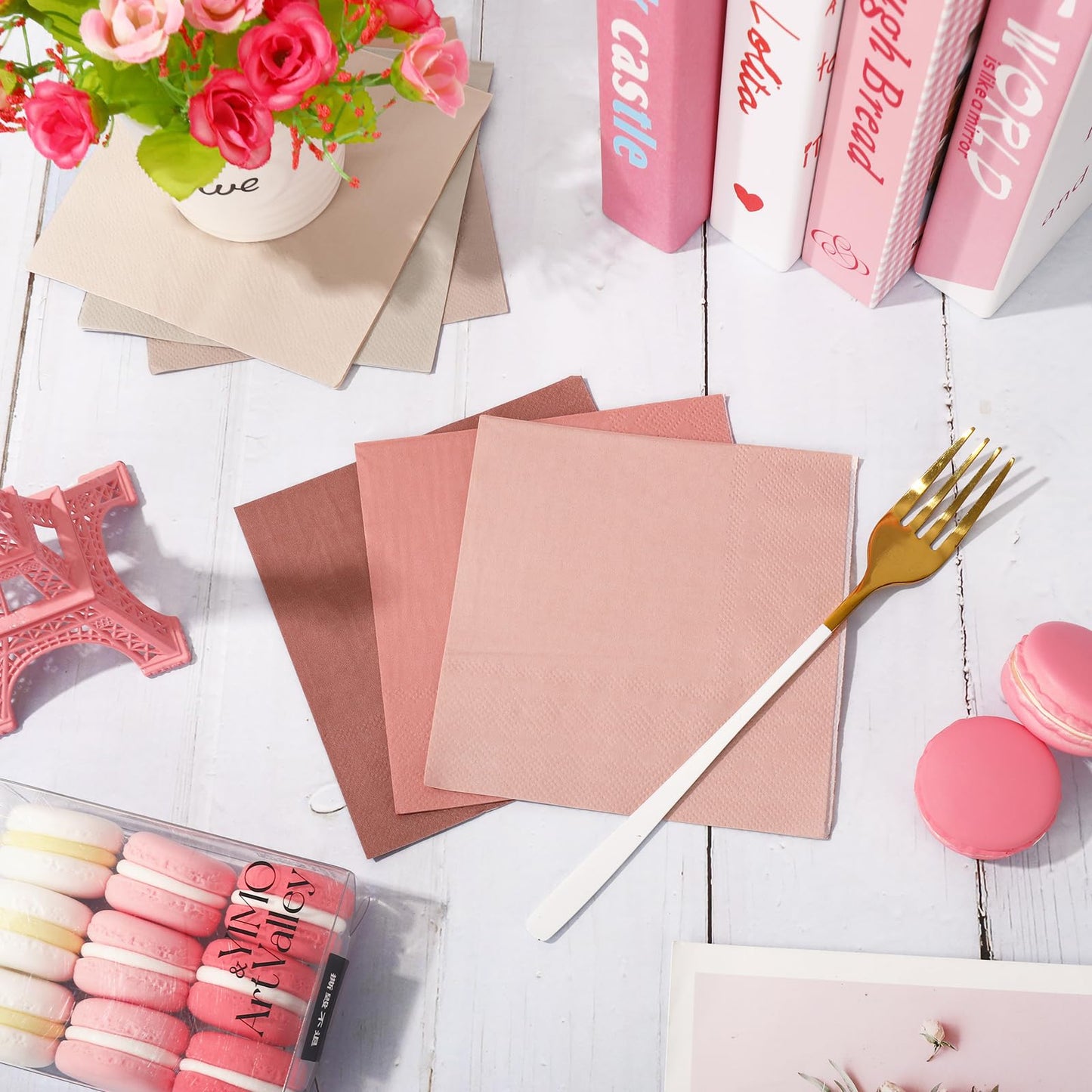 Whaline 120Pcs Dusty Pink Cocktail Napkin 6 Gradient Color Paper Napkins Pink Nude Milky White Disposable Dinner Napkins for Mother's Day Wedding Baby Shower Supplies