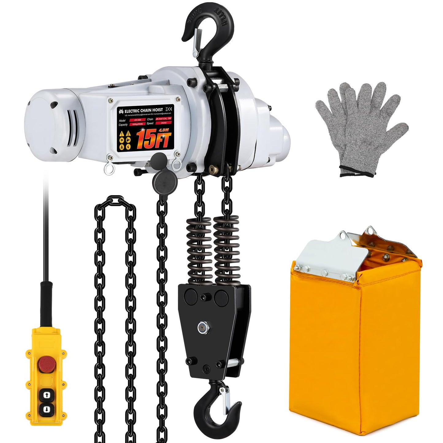 Mxmoonant 2200lb Electric Chain Hoist, G80 Double Chain 15ft Lifting Height, 1 Ton Overhead Power Crane Hoist w/19.7ft Wire Control & Emergency Stop for Garage Warehouse Factories 110V
