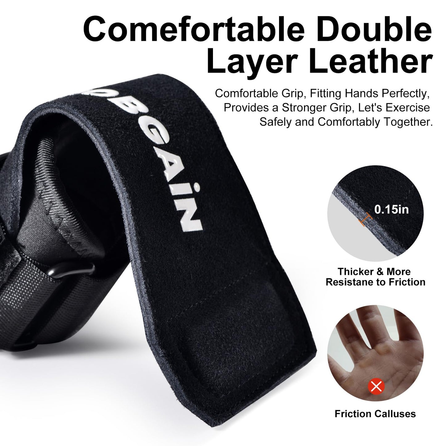 JOBGAIN Weight Lifting Wrist Straps, Double Layer Leather Wrist Strap for Deadlift and Powerlifting, Adjustable Neoprene Padded Wrist Wraps, for Men & Women, 1 Pair, Black