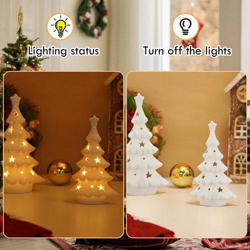Luxstyra 2 Pcs Light Up White Ceramic Christmas Trees, Table Top Christmas Tree with Lights, Porcelain Tree Figurine with Timer, Small Ceramic Christmas Trees Set, White Christmas Decor for Tabletop