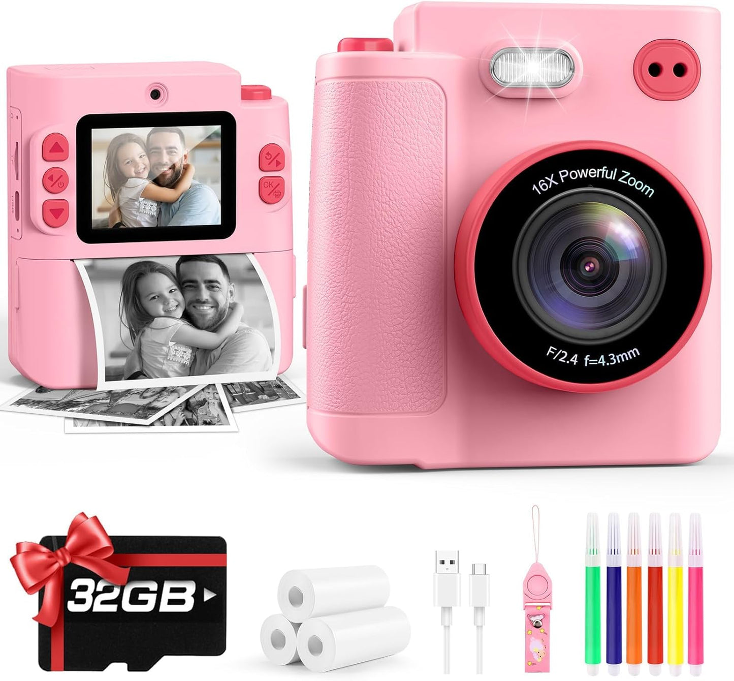 Yunaking 3-12 3 4 5 6 7 8 9 10 32G Gift for Girls Kids Camera: Instant Print Dual Lens Digital Camera Toys for Girl