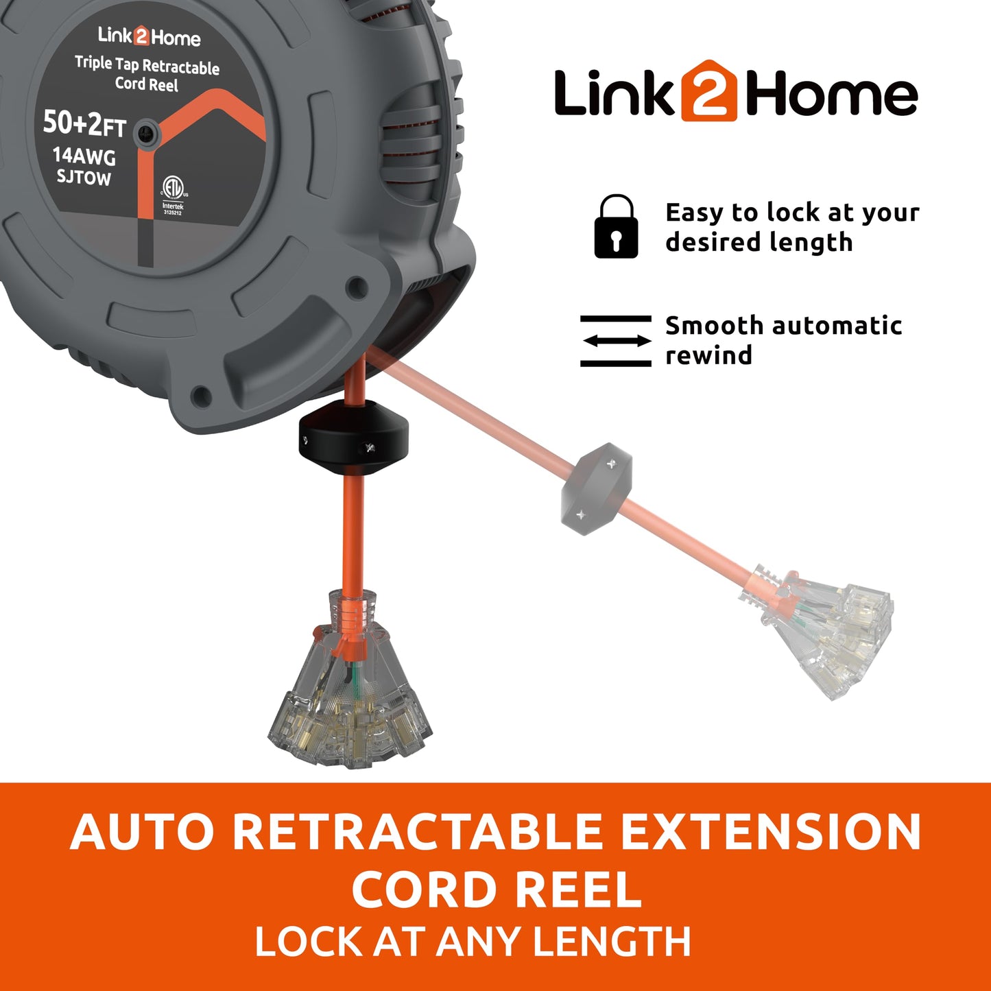Link2Home 50 Ft. Retractable Extension Cord Reel with 3 Outlets, Lighted Triple Tap, 14AWG SJTOW Heavy-Duty Cord, Overload Protection, Wall/Ceiling Mount