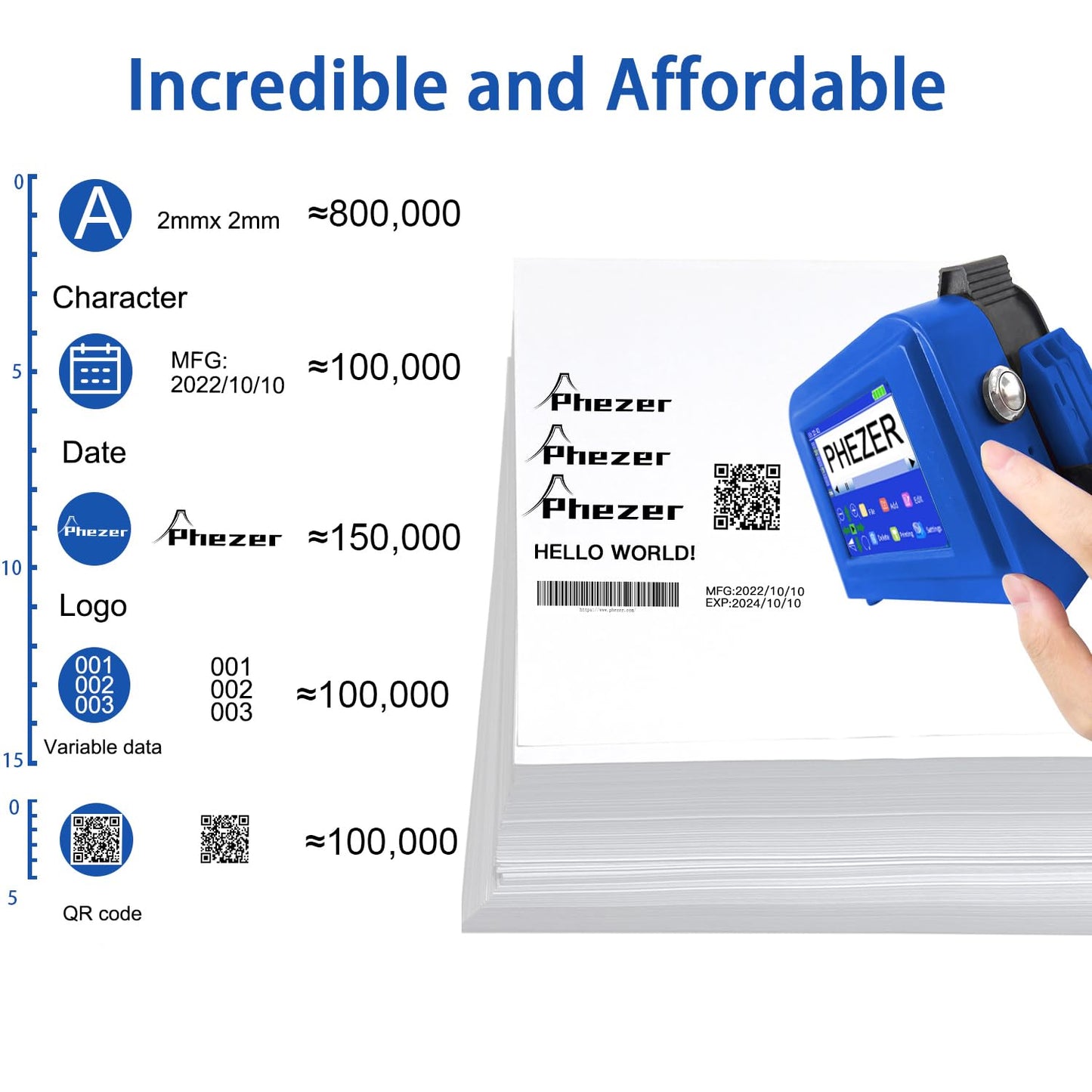 Phezer Upgraded Mini Inkjet Printer for Flat and Curved Surface PC11 Plus, 25 Languages & Quick-Drying Ink Cartridge, Portable Pocket Marking Device for Date Time Barcode Logo Qrcode Batch Number
