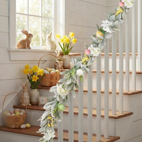 6 Ft Easter Garland, Easter Egg Lambs Ear Garland for Mantle, Spring Summer Pastel Artificial Flower Garlands, Easter Decorations for Home Mantle Fireplace Indoor Decor