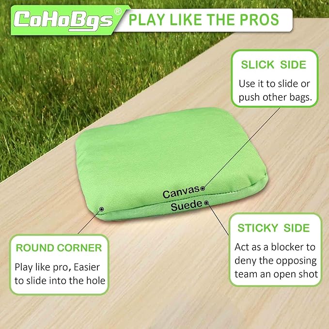 CoHoBgs Corn Hole Bags Set 8, Professional Cornhole Bags Dual-Sided Slick & Stick Resin Filled Suede and Duck Canvas Bean Bag for Cornhole Game Includes Carry Case