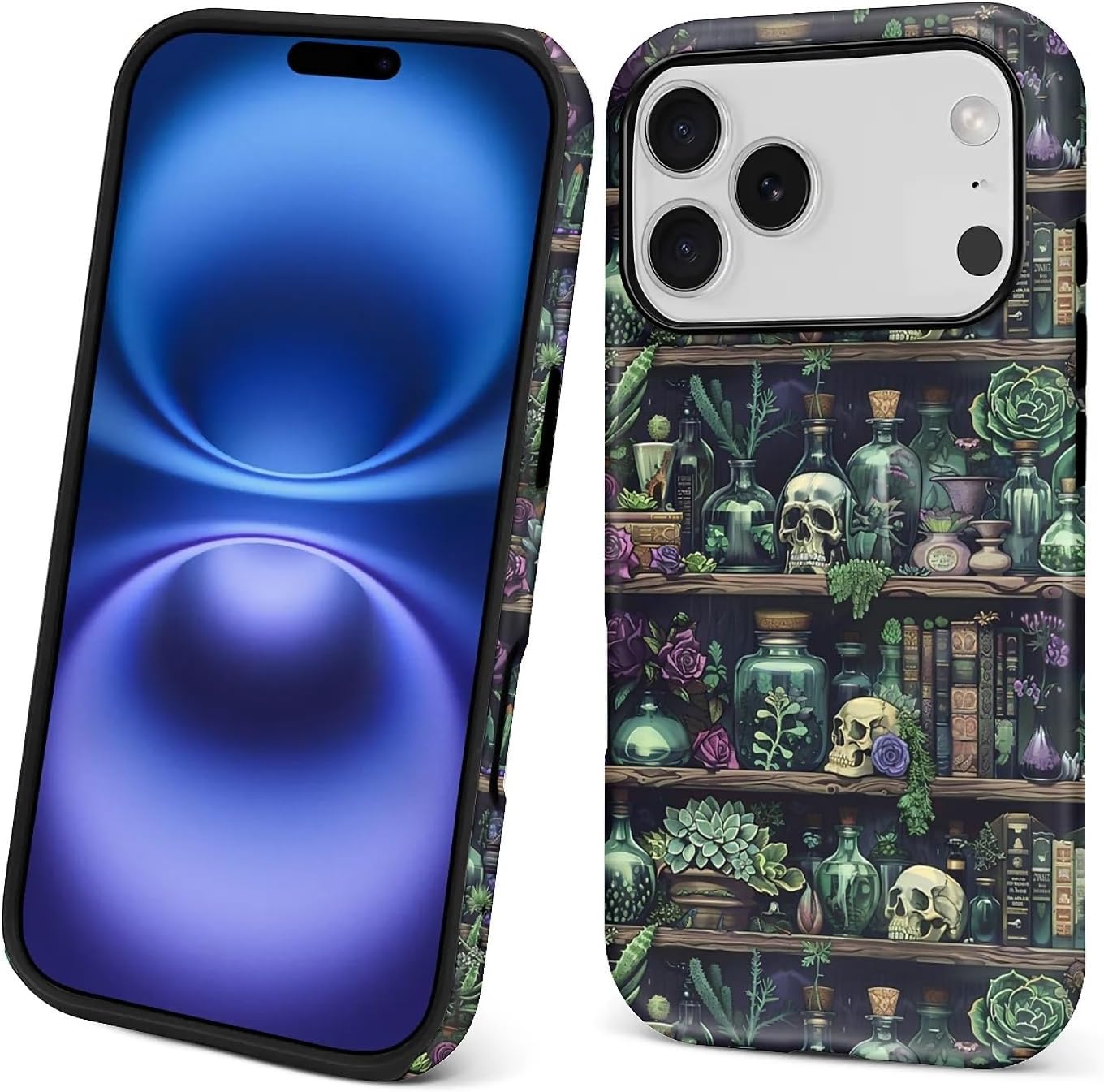 Akinmi 17 17 Case for iPhone Pro,Skeleton Bookshelf Flowers Exquisitely Pattern Double Protective Phone Cover Cases