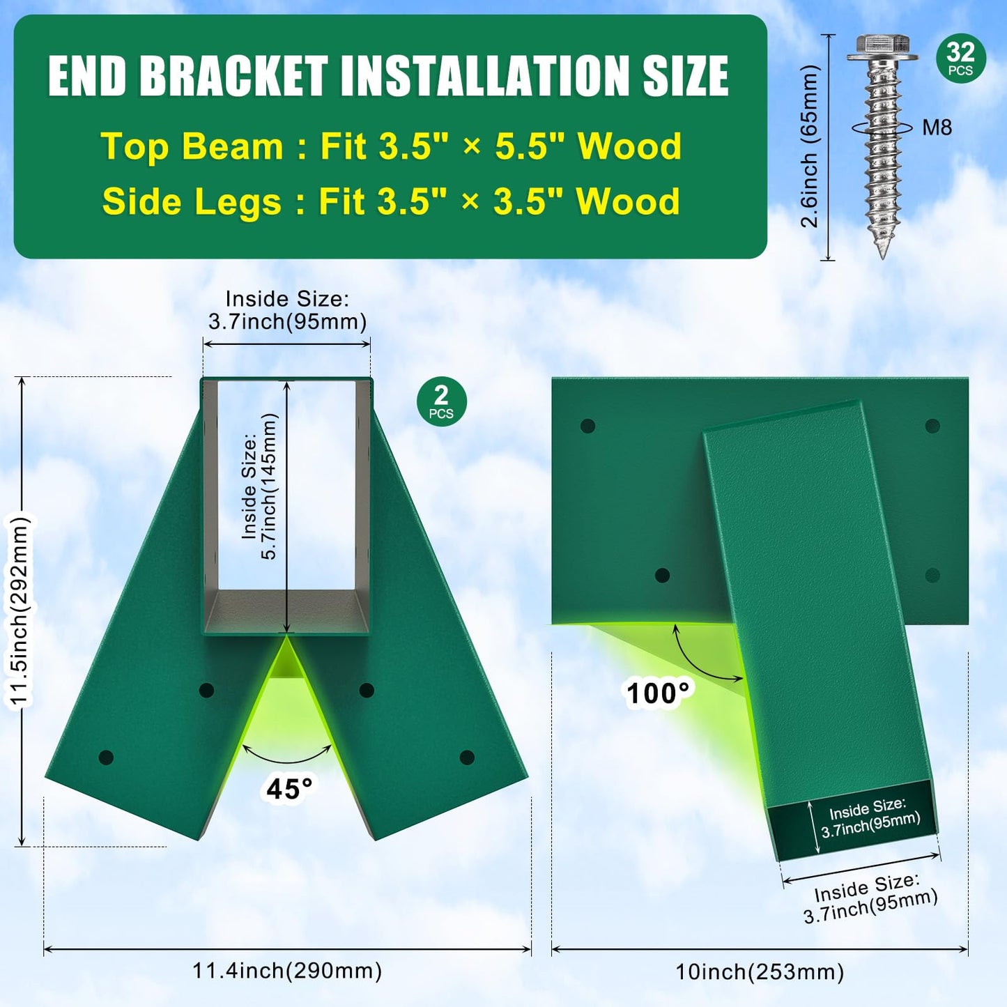 BeneLabel A-Frame Swing Set Brackets with 4pcs Swing Leveling Base Brackets Heavy Duty Swingset Hardware Kit DIY Swingset End Bracket for 4 (4x4) Legs & 1 (4x6) Beam Green