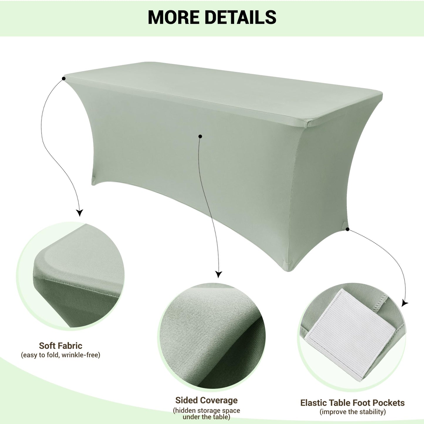 Obstal 2PC Sage Green Tablecloth - 8ft Rectangle Spandex Table Cover for Party, Events, Banquets & Weddings, Machine Washble