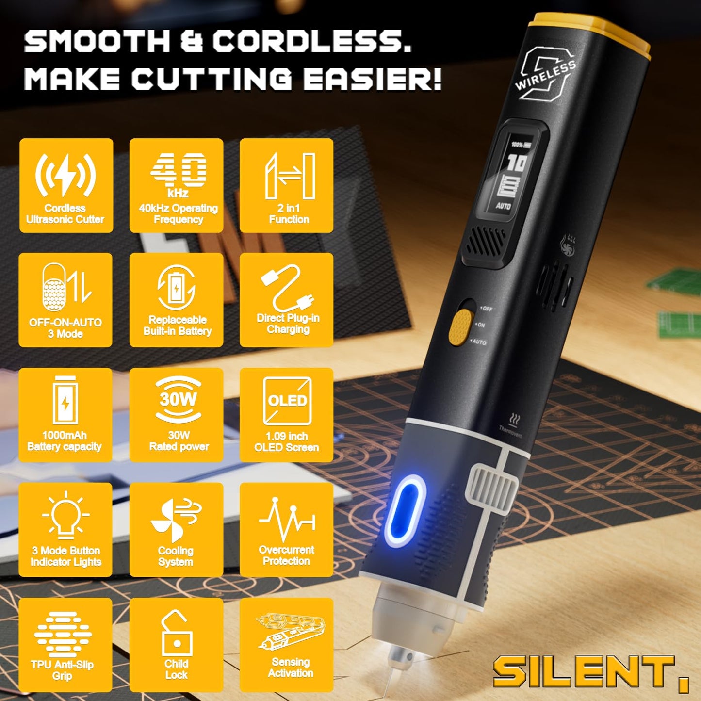 Wireless Ultrasonic Cutter, 40kHz Vibration & 2 Cutting Modes, Includes 50 Replacement Blades & Display Case, Multifunctional Sonic Knife For 3D Printing, Woodworking, Model Mods, Prototyping & DIY