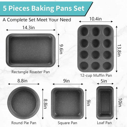 Grey Marble Nonstick Baking Pans Set by [Brand Name] - 5 Piece Stackable Bakeware with 100 Cupcake Liners for Home Baking