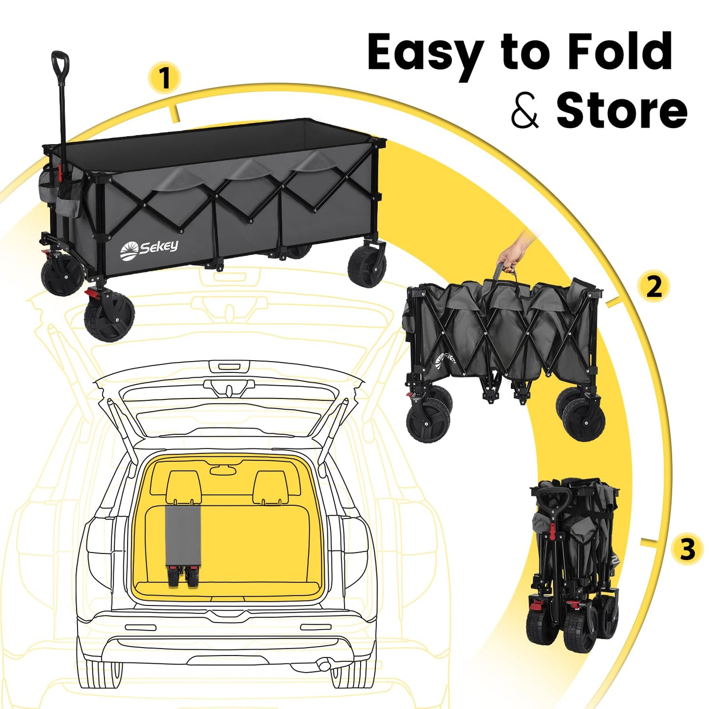 Sekey 48''L Collapsible Foldable Extended Wagon with 660lbs Weight Capacity, Heavy Duty 300L Folding Utility Garden Cart with Big All-Terrain Beach Wheels & Drink Holders. Grey