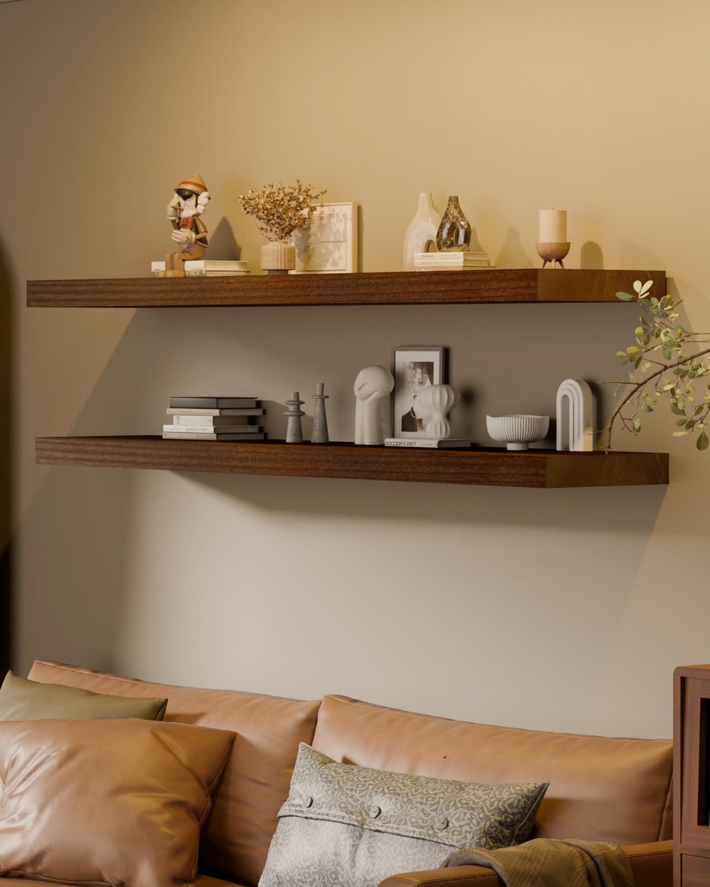 TEDIDUWA 60 Inch Extra Long Floating Shelves, Set of 2 Deep Floating Shelves 12in Depth, Floating Shelves Long Heavy Duty Wood Shelves for Wall, Solid Wood Walnut Finish