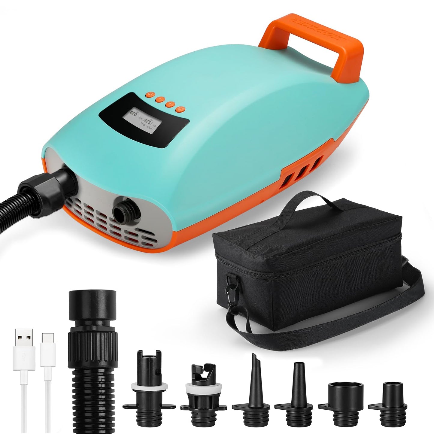 Swonder Seawolf 20 PSI Battery Powered Paddle Board Pump, 9000mAh, Dual Stage, Active Cooling System, 6 Nozzles, Includes Typ-C Cable, 1 Year Limited Warranty