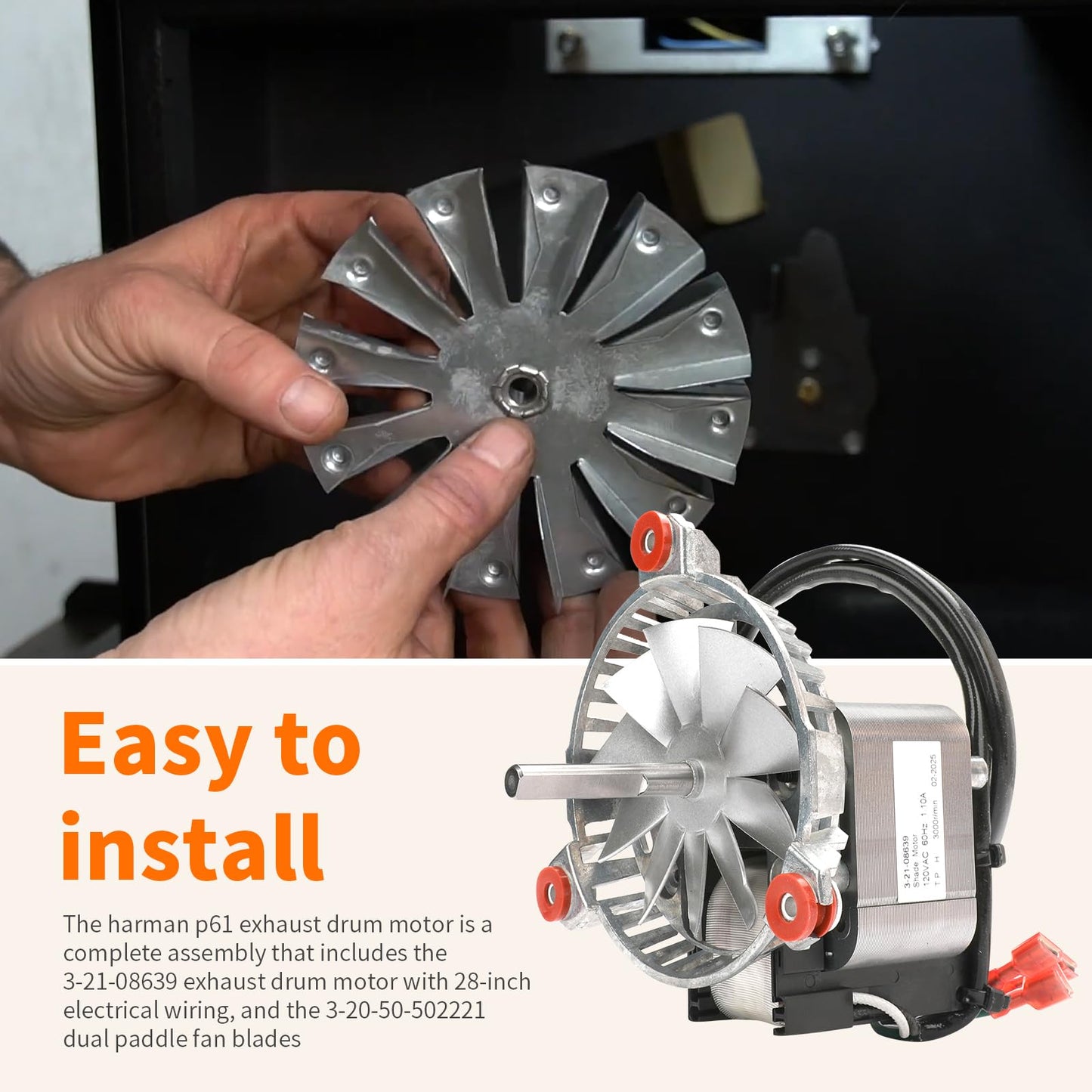 Replacement 3-21-08639 Combustion Blower Motor, for Harman P68 P43 P68 P61 P38 XXV Accentra 52i Advance P35i PC45 Pellet Stoves With 3-20-502221 Double Paddle Fan Blade Replaces Part 3-21-08415