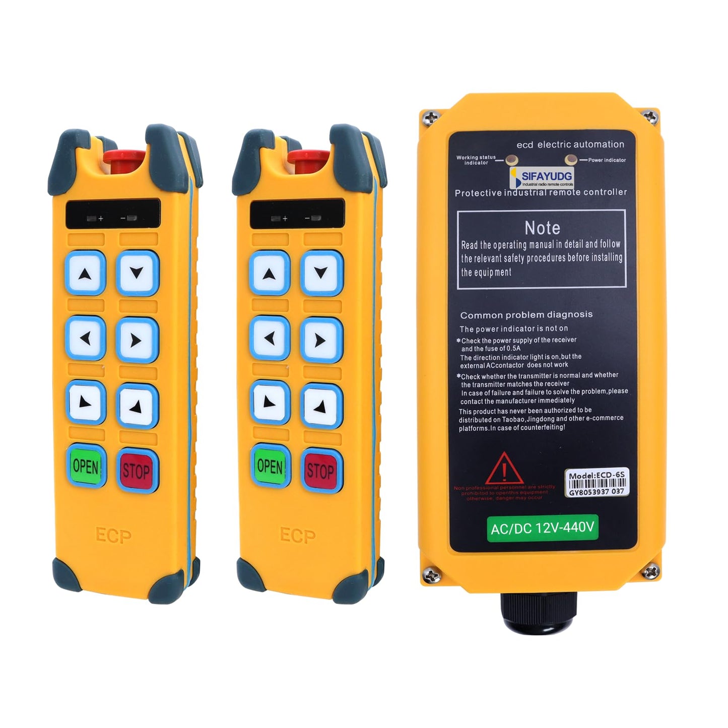 SIFAYUDG Industrial Remote Control ECD-6S Overhead Lifting Wireless Crane Remote Control 6 Buttons 12-440V Electric Hoist Winch Radio Remote Controller (2 Transmitter & 1 Receiver)