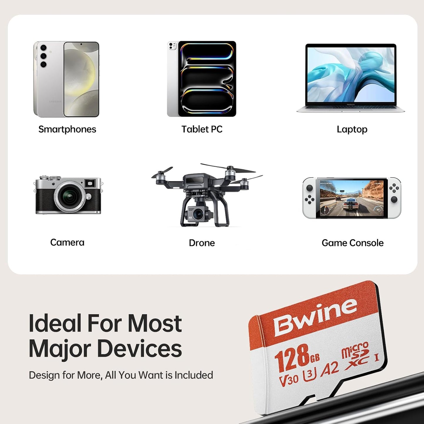 Bwine 128G 100MB/s, 4K 1 Micro SD Card, Read Speed up to UHD Video Support, Compatible with Digital Camera, Drone