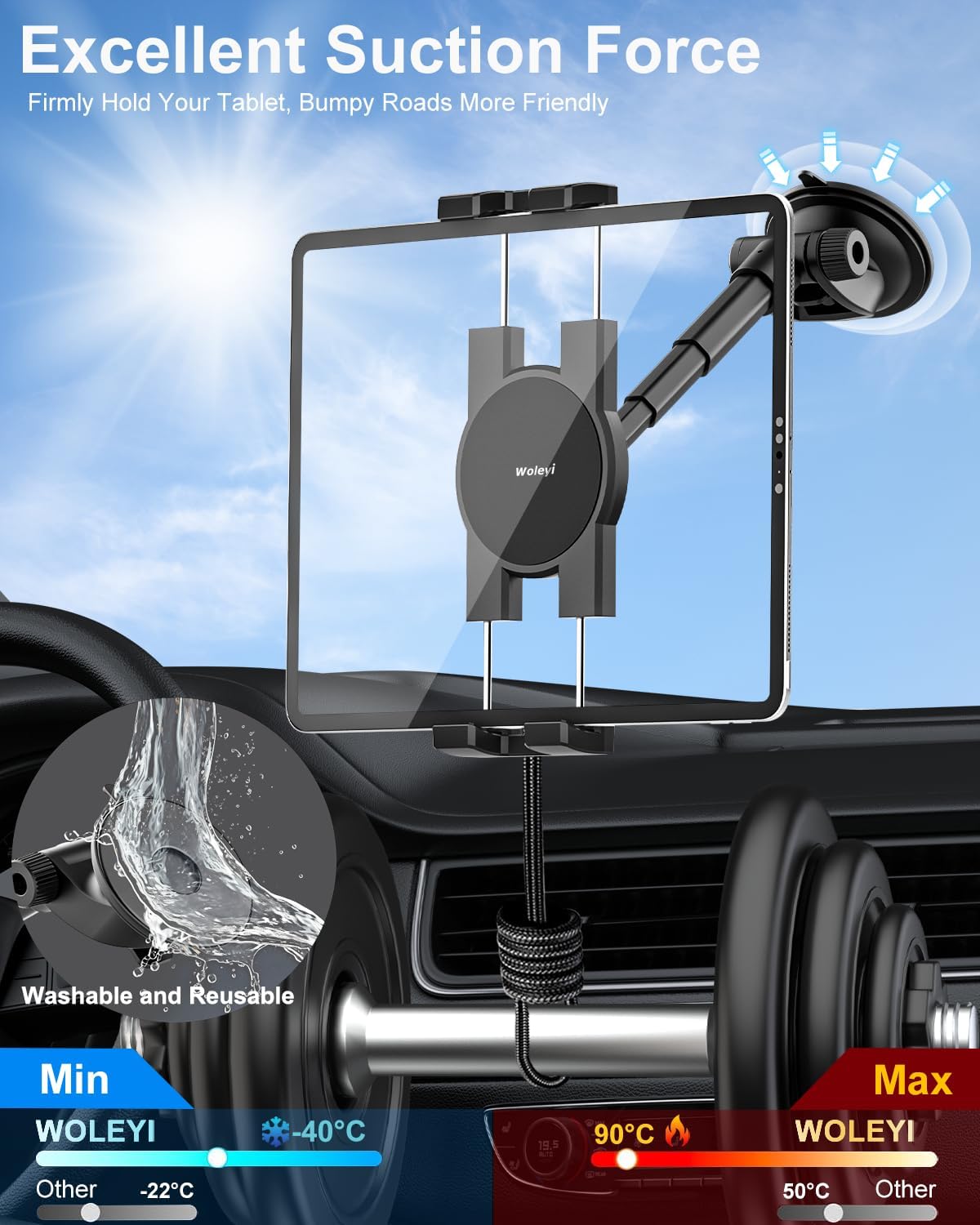 woleyi 4.7-11" Dashboard Car Tablet Mount, Telescopic Tube Suction Cup Car Tablet Holder, Compatible with iPad