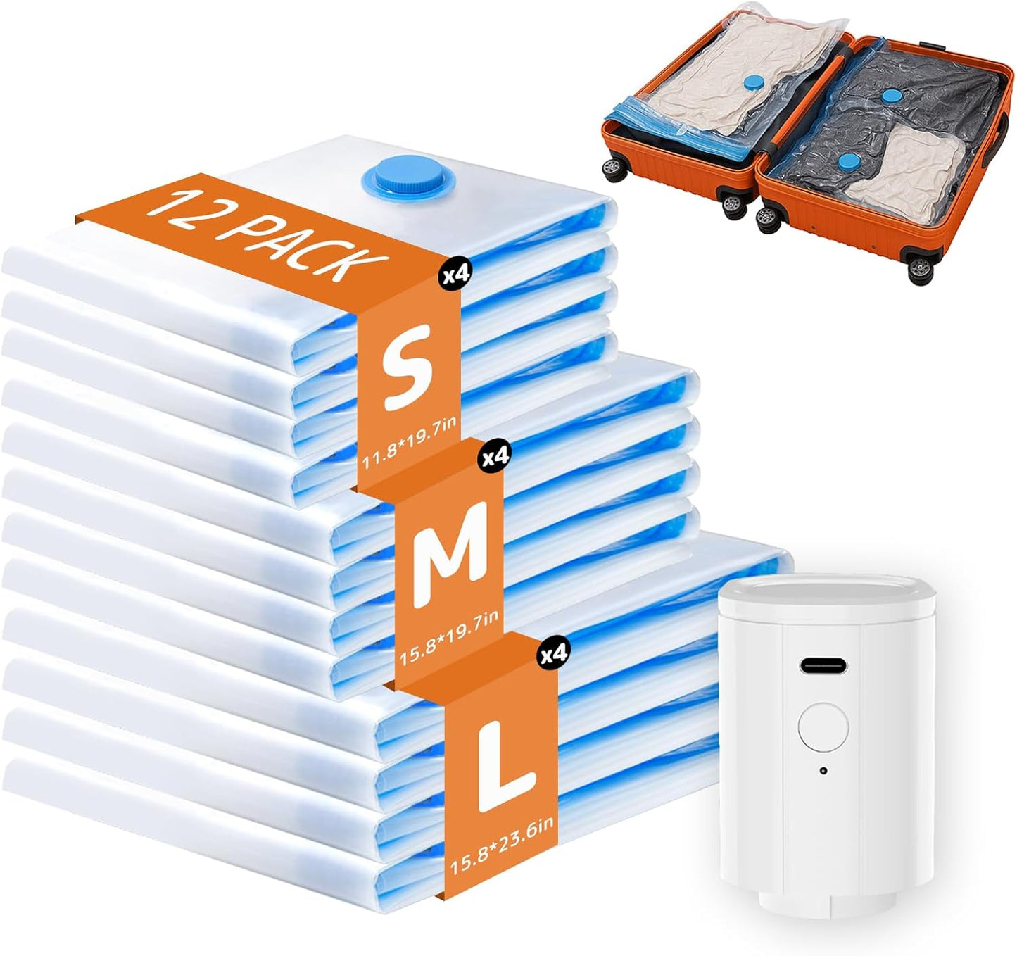 Skiennix Travel Vacuum Bags - 12 Pack Compression Bags with Rechargeable Mini Pump for Luggage & Suitcase