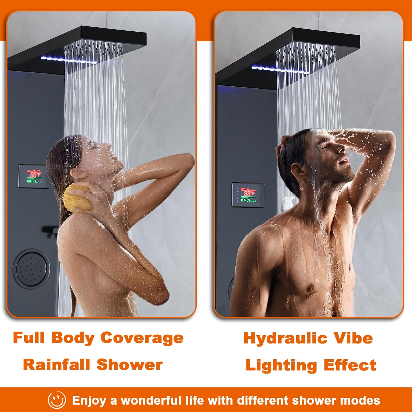 RUITHOE LCD Temperature Display Rainfall Shower Panels Tower System with Storage Shelf, Matte Black LED Light 304 Stainless Steel with Handheld Massage Body Jets Water Waterfall Bathtub