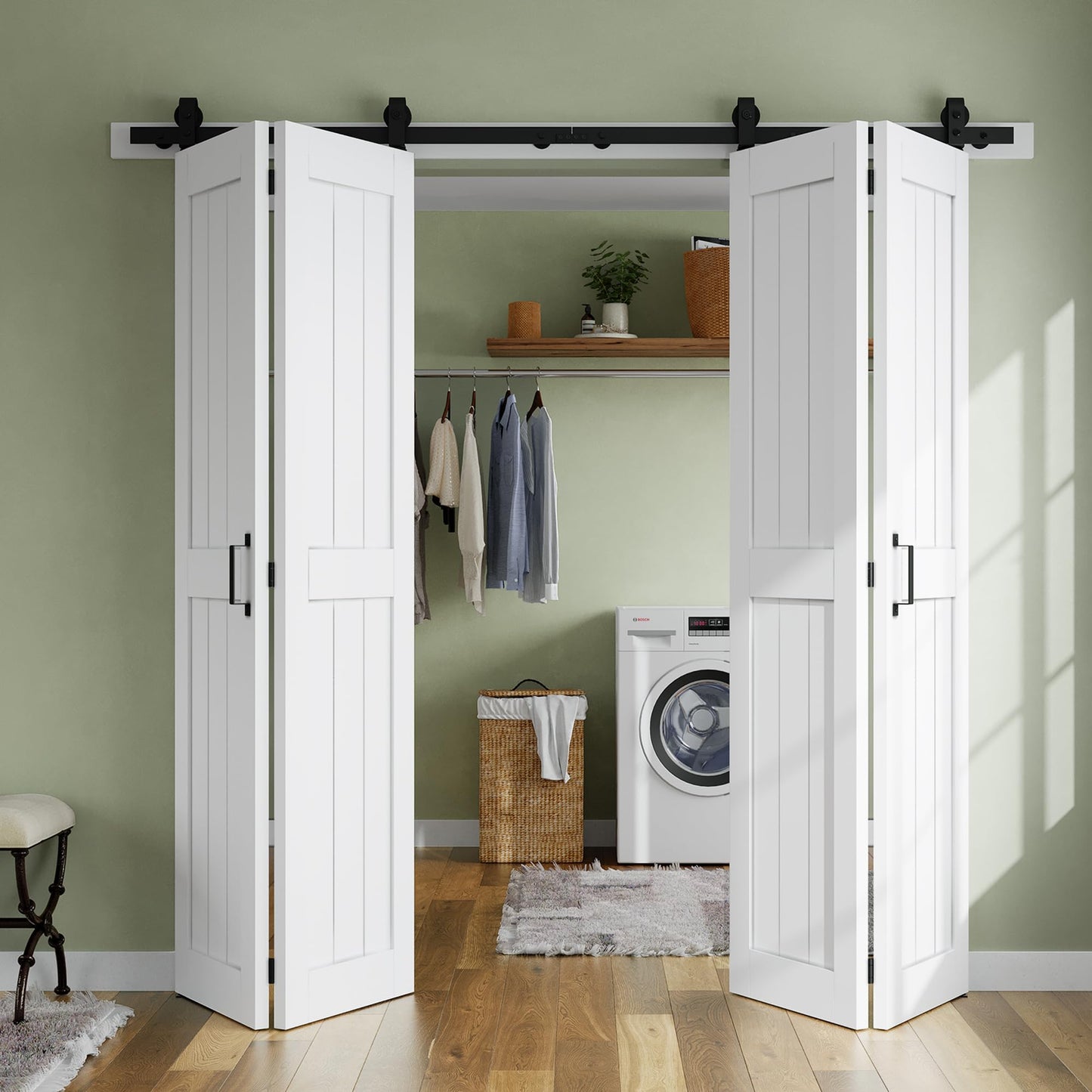 SMARTSTANDARD Bifold Barn Door 72'' x 84'',Bi-Fold Sliding Closet Doors with Hardware Kit Included,80'' Track Kit for 4 Doors,Waterproof & Quiet,Pre-Drilled Holes Easy Assembly,White