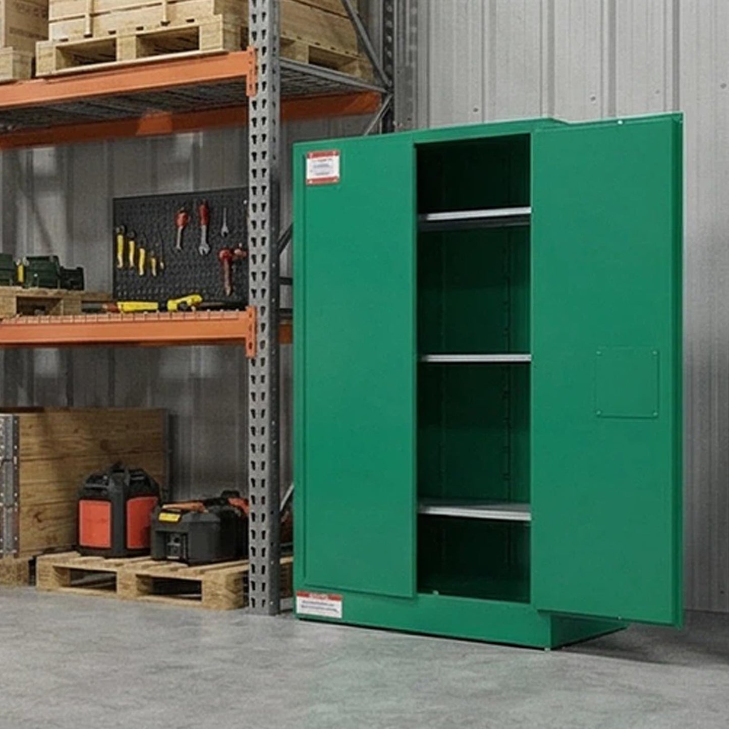 45 Gallon Flammable Safety Cabinet, Industrial Yellow Steel Storage for Flammable Liquids, 2 Adjustable Shelves, Double-Wall Fireproof Cabinet with Manual Close Doors & Vents - Green