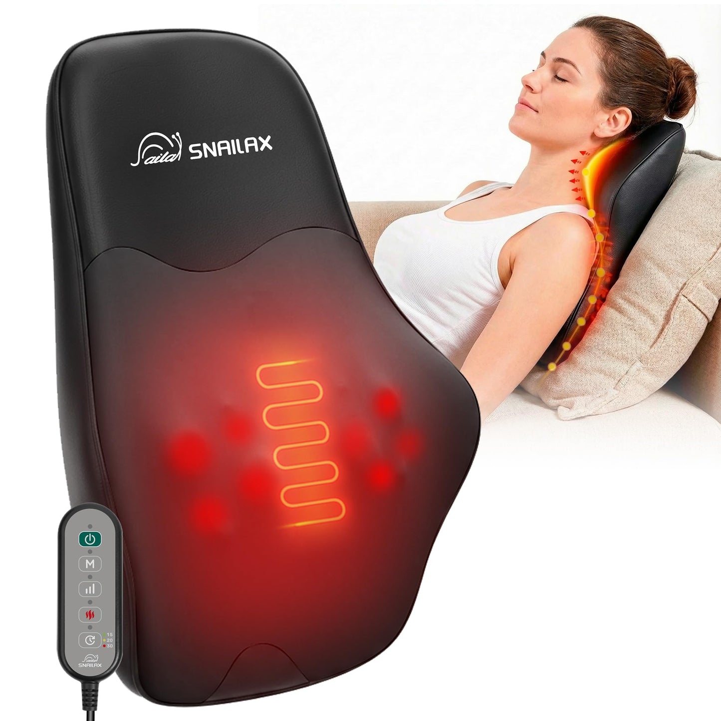 Snailax Shiatsu Back Massager with Heat, Neck Shoulder Massager for Pain Relief Deep Tissue, 4D Kneading Back Massage Pillow, 3 Speed/3 Modes Portable for Home Office Car Use