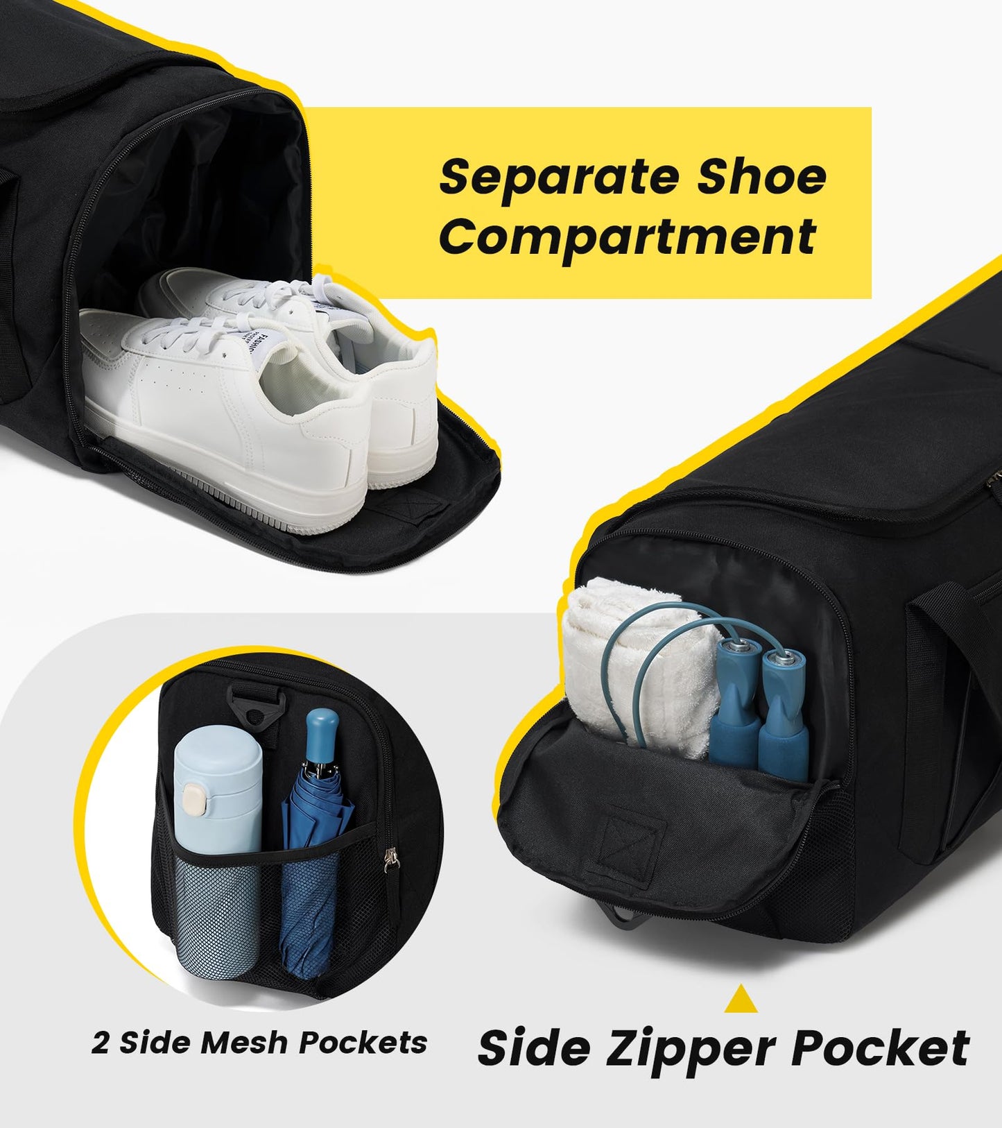 Vorspack Gym Bag for Men - 18 Inches Duffle Bag for Travel Duffel Bag with Shoe Compartment Lightweight Travel Bag for Gym Sports Overnight Weekender - Black