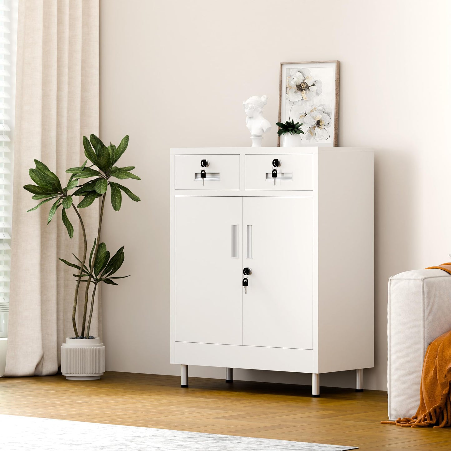 JINGUR Metal Storage Cabinet with Locking Doors and 2 Drawers, Lockable Storage Cabinet with Adjustable Shelf for Home Office Garage Entryway Pantry (White)