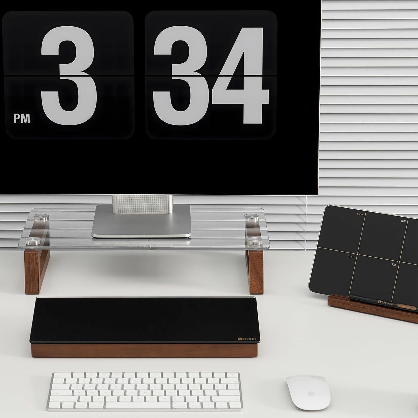YEOUX Multi-Purpose Desktop Stand, Clear Floating Computer Monitor Riser with Natural Wood Base, Desk Organization