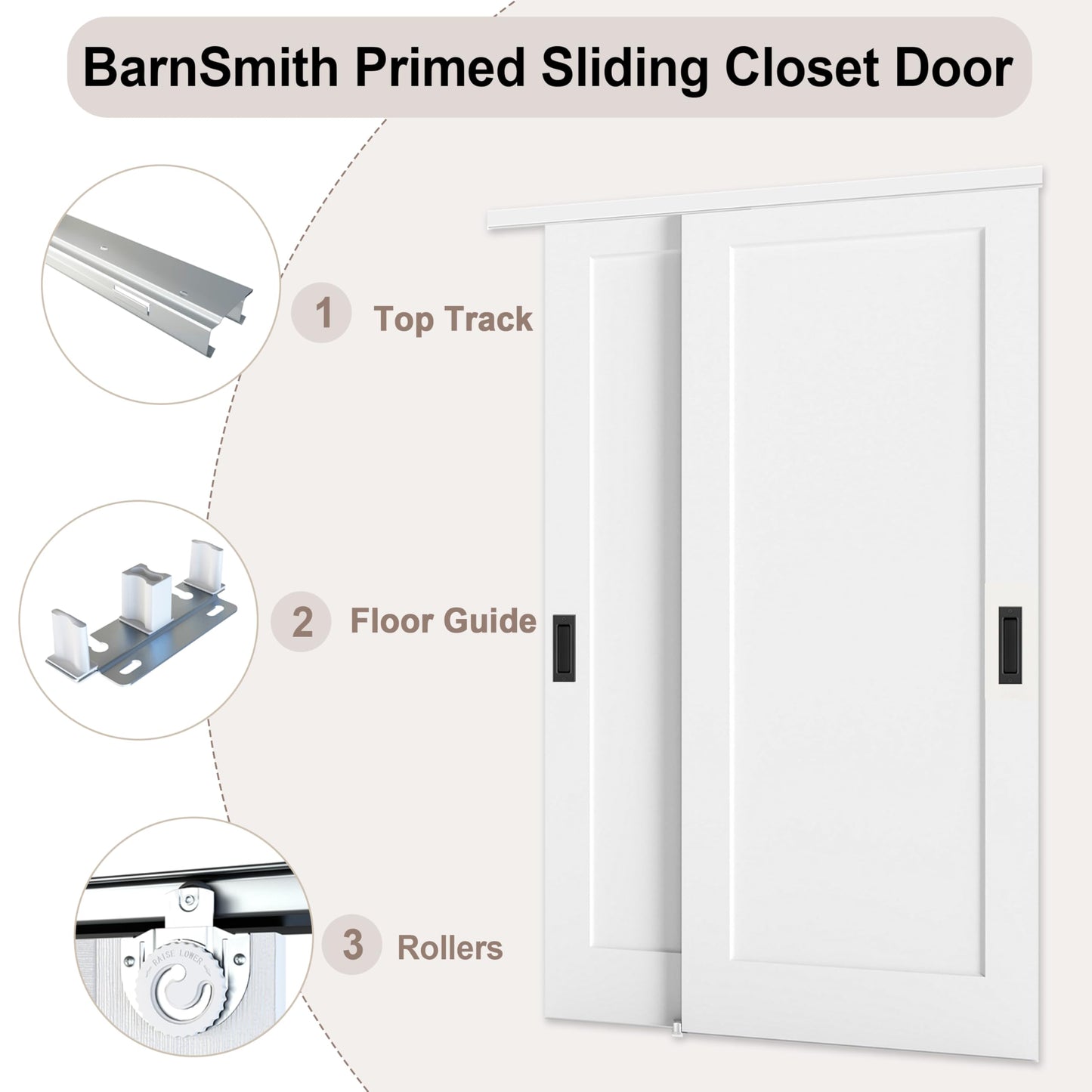 BARNSMITH 60x80 in 1-Panel Sliding Closet Door, White Primed Bypass Interior Door with Top Track & Floor Guide, Preassembled Door Slab with Paintable Surface