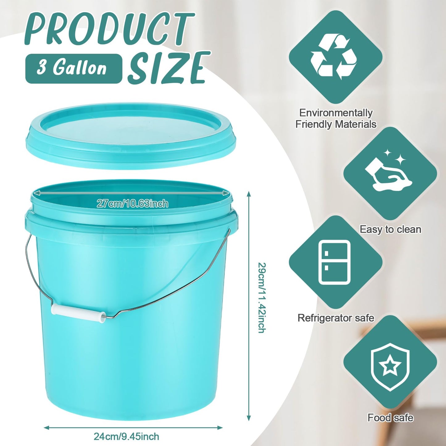 Blushtier 6 Pcs 3.2 Gallon Plastic Bucket with Lid and Metal Handle All Purpose Pail Recyclable Multipurpose Storage Bucket Heavy Duty Bucket Pail Container for Home Household Cleaning, Lake Blue