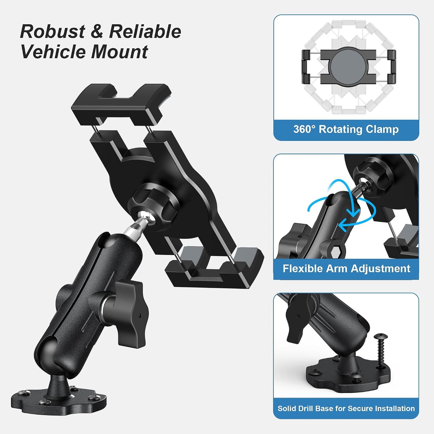 Keuvirya 4.7"-12.9" Heavy Duty Tablet Mount for Truck & Vehicle, Drill Base Tablet Holder for Truck with Aluminum Arm