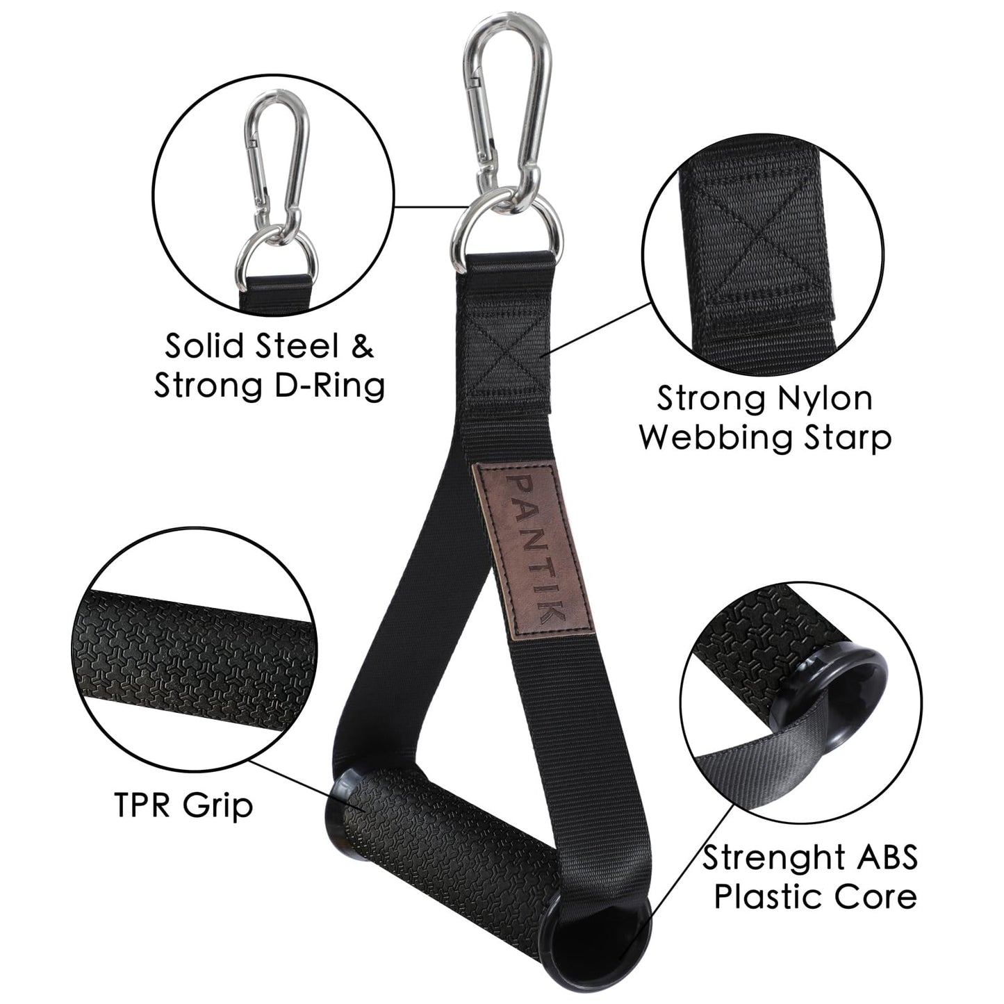 PANTIK Heavy Duty Exercise Handles Gym Cable Machine Attachments Durable D Rings Handles Resistance Bands Handles Stirrup Handle Fitness Grip Nylon Strap Solid ABS Cores with Carabiners Set of 2