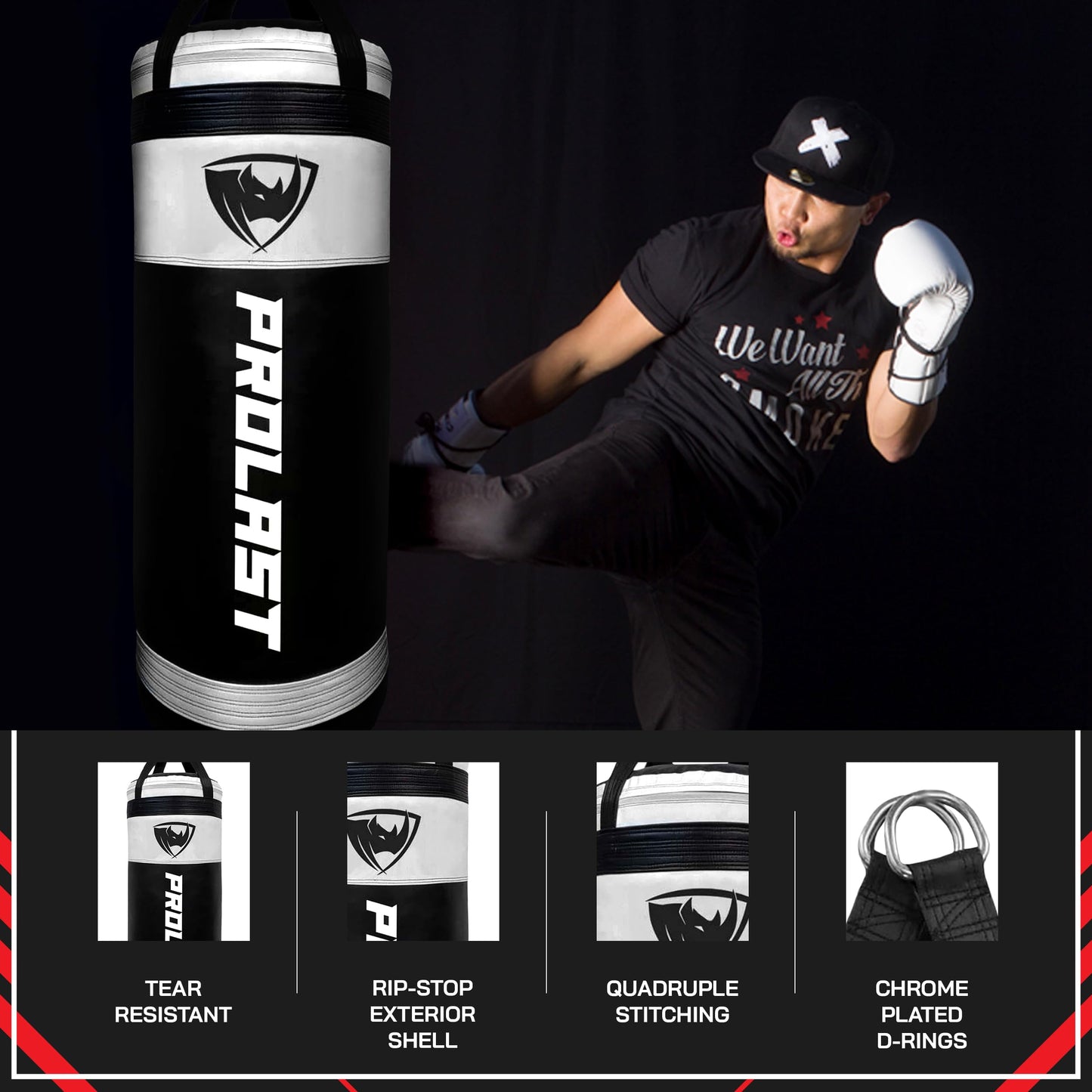 PROLAST 4Ft XL 135Lb Heavy Punching Kicking Bag for Adults, Boxing, MMA, Martial Arts, Muay Thai, Strength Training Equipment, Unfilled, Special Edition Rhino Logo, Special Edition, White and Black