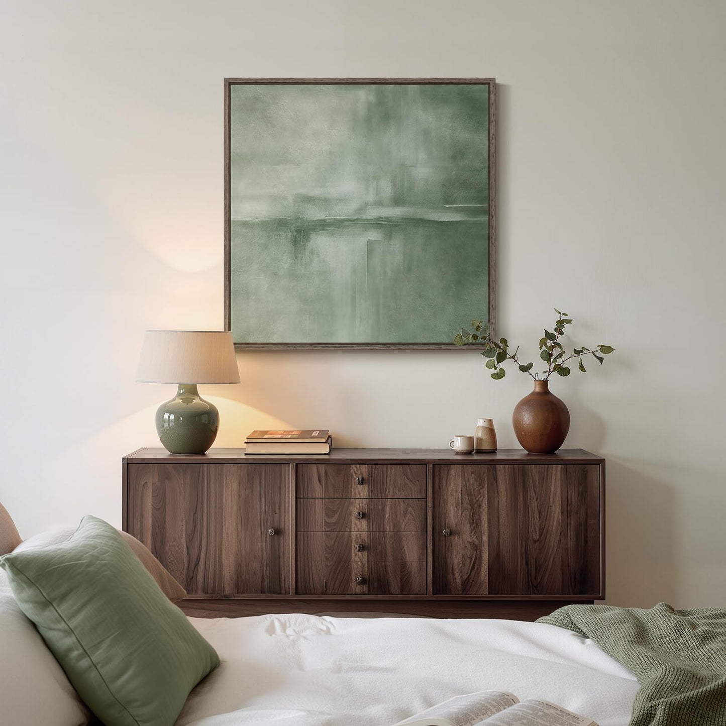 Framed Sage Green Abstract Wall Art, Modern Canvas Prints Artwork for Walls, Square Minimalist All Green Abstract Pictures for Living Room, Hallway, Fireplace, Bedroom, Home Office Wall Decor 30x30 In